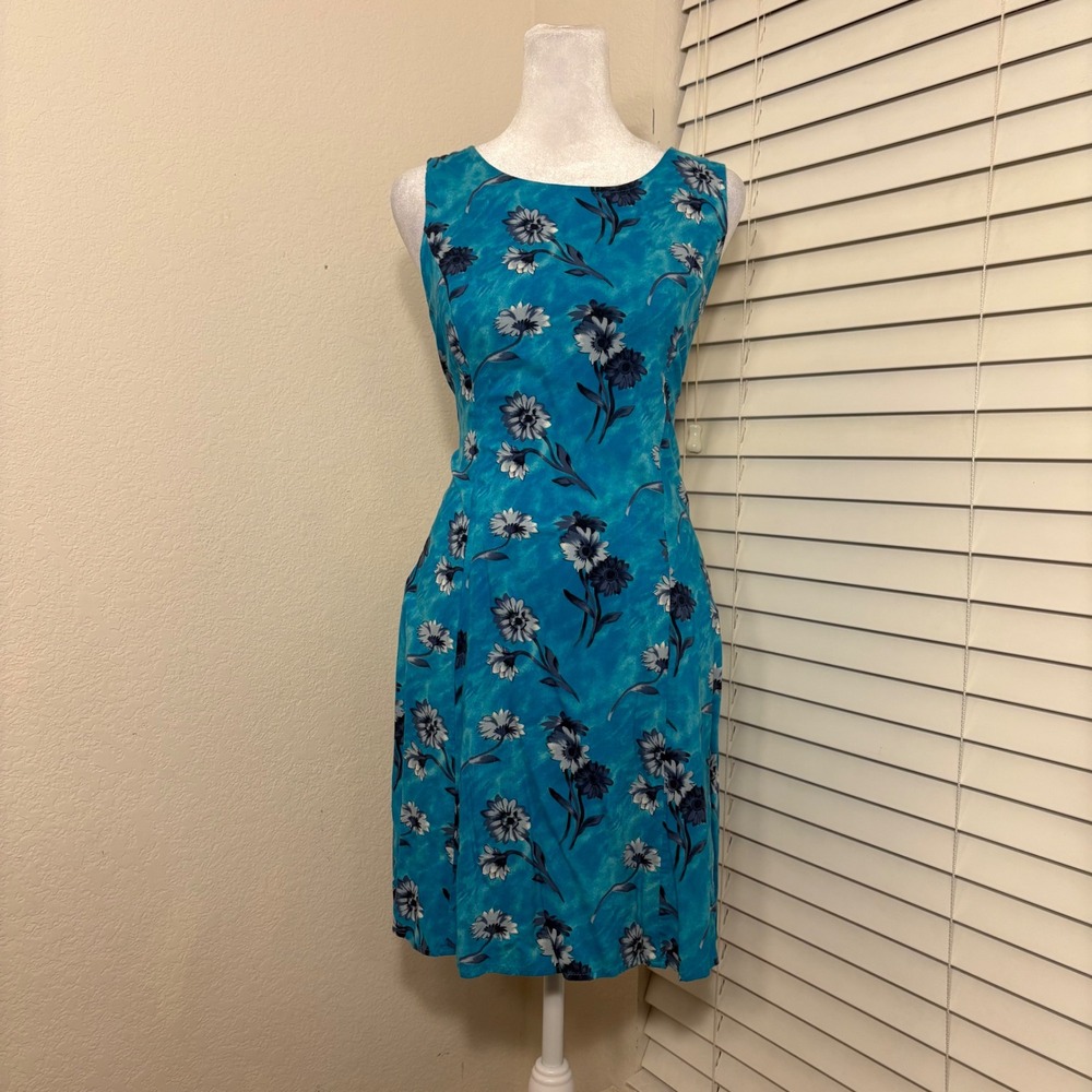 Vintage 90s Blue Daisy Sleeveless Dress with Corset tie back DBY Size 13 Hippie